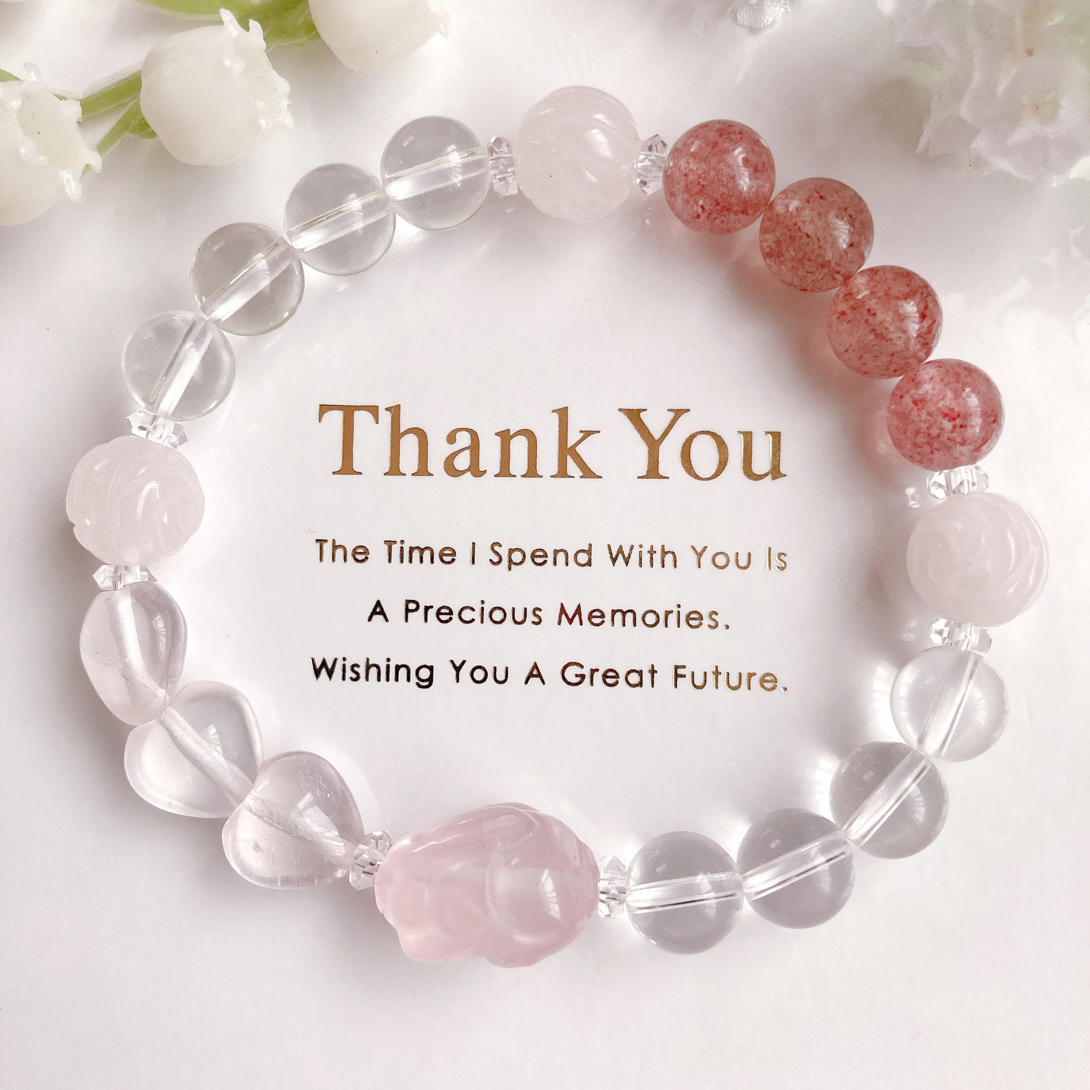 ローズクォーツうさぎちゃんハート薔薇天然石ブレスレット