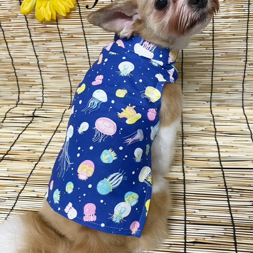 犬服】クラゲ柄スタンドカラーてぬぐいシャツ☆(ホワイトorブルー