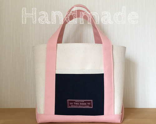 ハンドメイド作品-生成帆布とパステルピンクレザー トートバッグ ハンドメイド作品-生成帆布とパステルピンクレザー トートバッグ