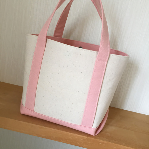 帆布無地三角マチミニトートバッグ（生成り/ピンク）＊ハンドメイド 