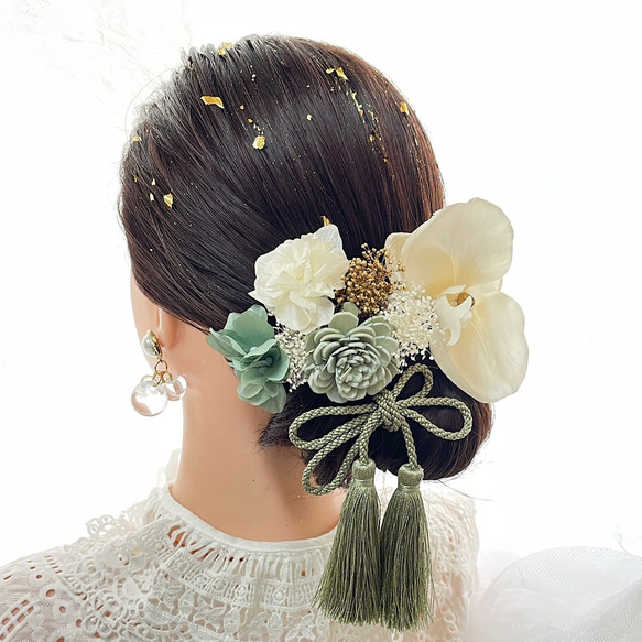成人式 卒業式 胡蝶蘭髪飾り×ミントグリーンミックス 結婚式 成人式 卒業式 胡蝶蘭髪飾り×ミントグリーンミックス 結婚式