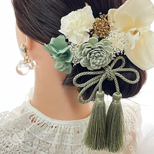 成人式 卒業式 胡蝶蘭髪飾り×ミントグリーンミックス 結婚式 成人式 卒業式 胡蝶蘭髪飾り×ミントグリーンミックス 結婚式