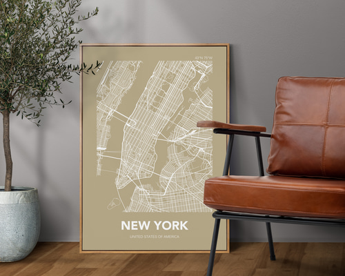 アートポスター MAP ニューヨーク ベージュ L判 ハガキ 2L判 A4 A3 B3