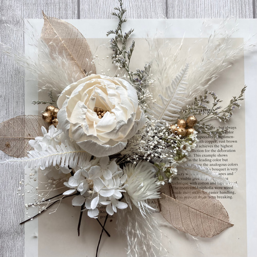 ピオニーの髪飾り ヘッドドレス 〜ホワイト&ゴールド