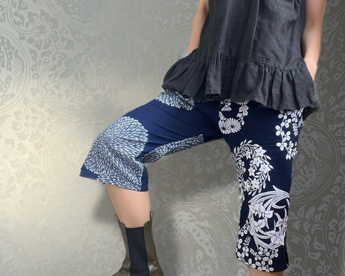 浴衣リメイク ユニセックス 7分丈 藍染の和柄ハーフパンツ ハーフ