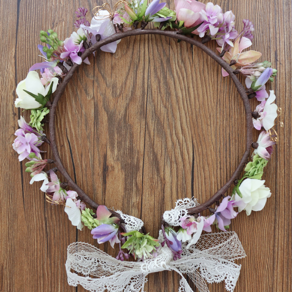 花冠　花かんむり　薄紫　ナチュラル　レース　蝶　バラ　ローズ　デージー　ウェディング　ブライダル　結婚式　髪飾り 5枚目の画像