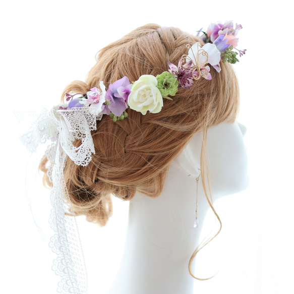 花冠　花かんむり　薄紫　ナチュラル　レース　蝶　バラ　ローズ　デージー　ウェディング　ブライダル　結婚式　髪飾り 2枚目の画像