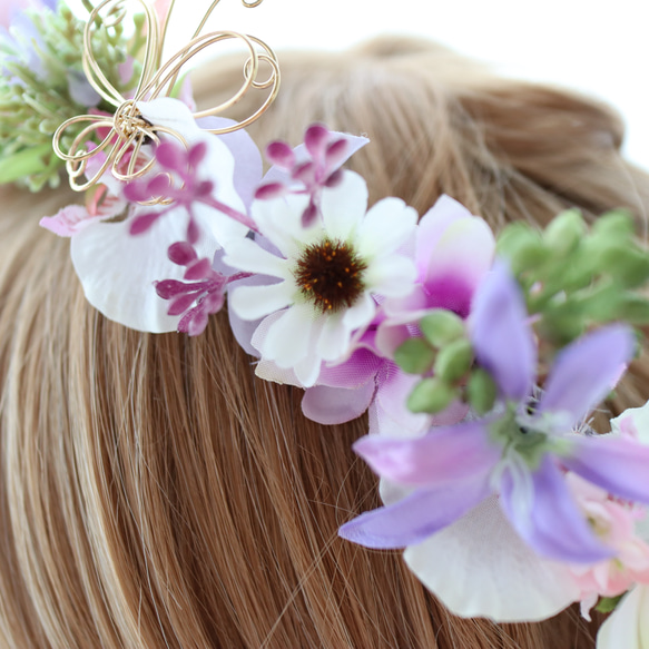 花冠　花かんむり　薄紫　ナチュラル　レース　蝶　バラ　ローズ　デージー　ウェディング　ブライダル　結婚式　髪飾り 11枚目の画像