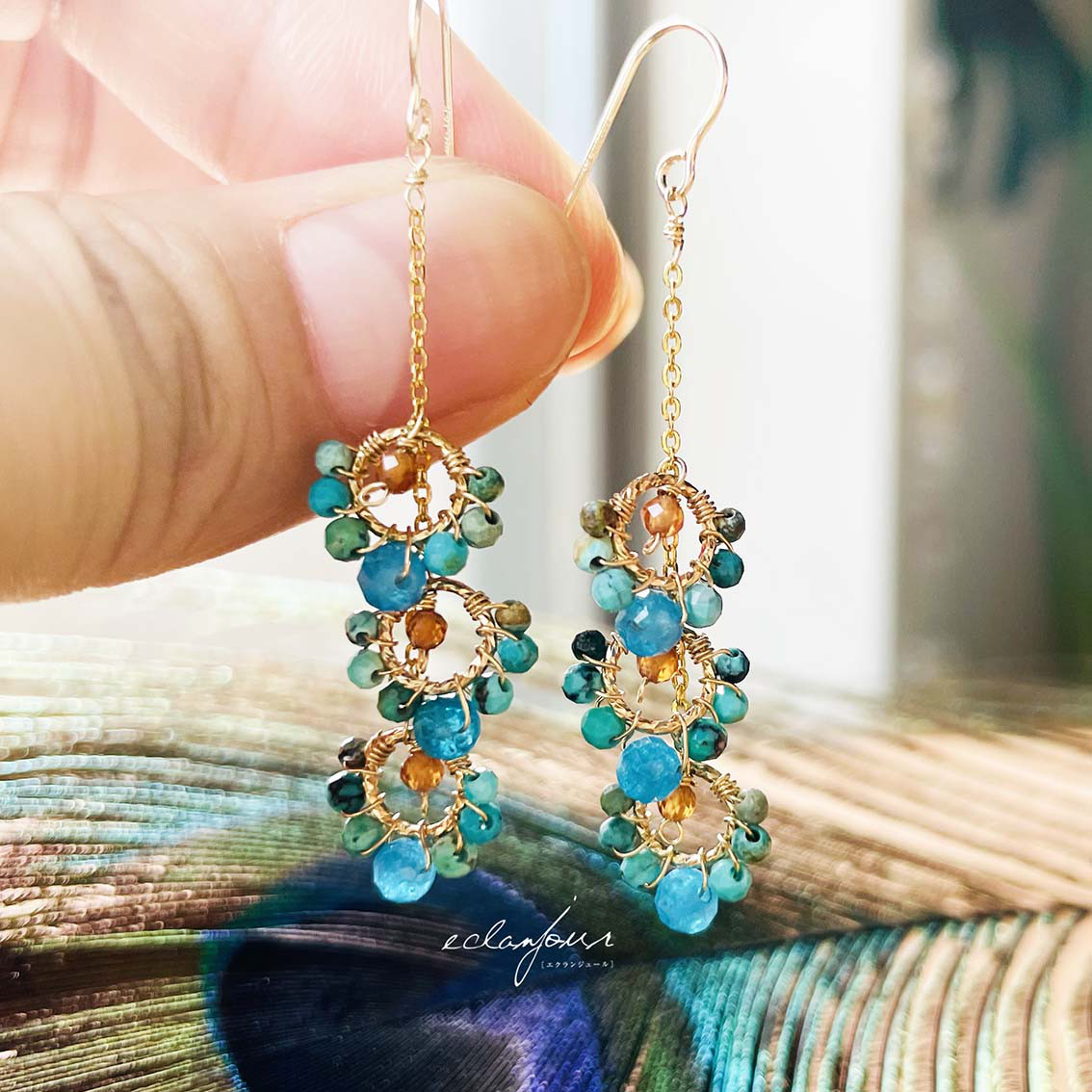 14kgf／オリエンタルピーコック〜ピアス＆イヤリング（ロング）【eclanjour】