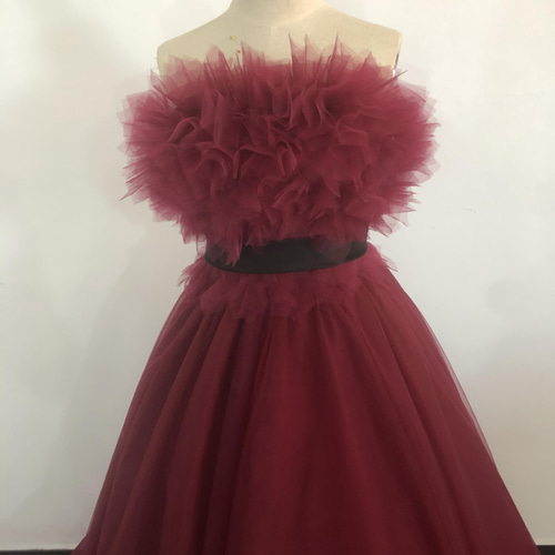 美品！ワインレッド カラードレス 華やかなトレー 編み上げ 抜群の  