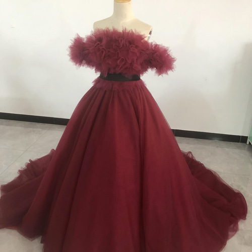 美品！ワインレッド カラードレス 華やかなトレー 編み上げ 抜群の  