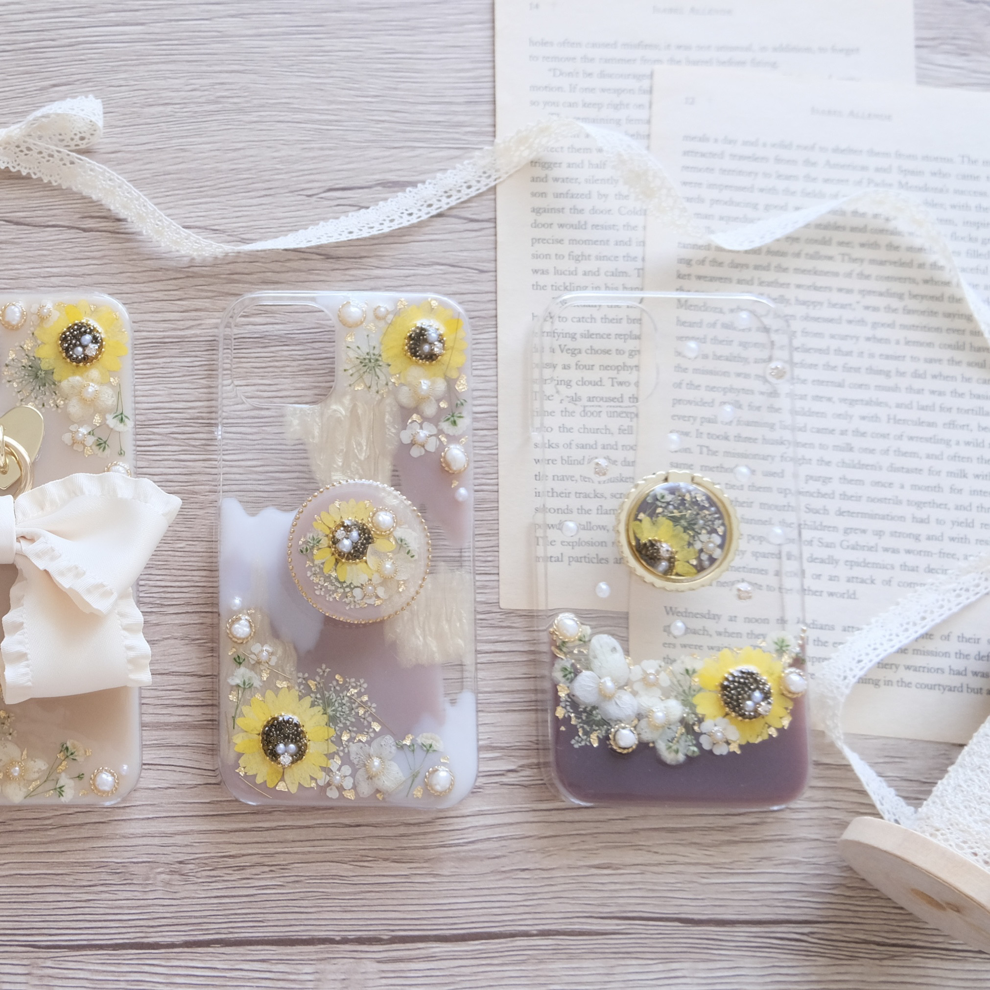 【全機種対応】❁スマホリング付き❁ 向日葵のボタニカルライン❁.*･ﾟ押し花スマホケース