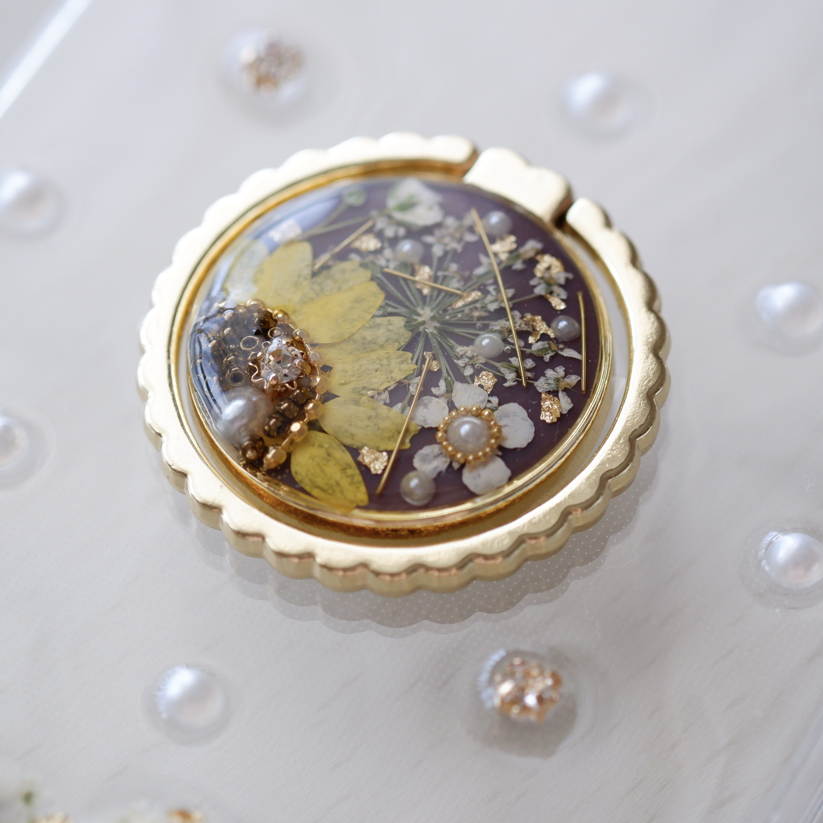 【全機種対応】❁スマホリング付き❁ 向日葵のボタニカルライン❁.*･ﾟ押し花スマホケース