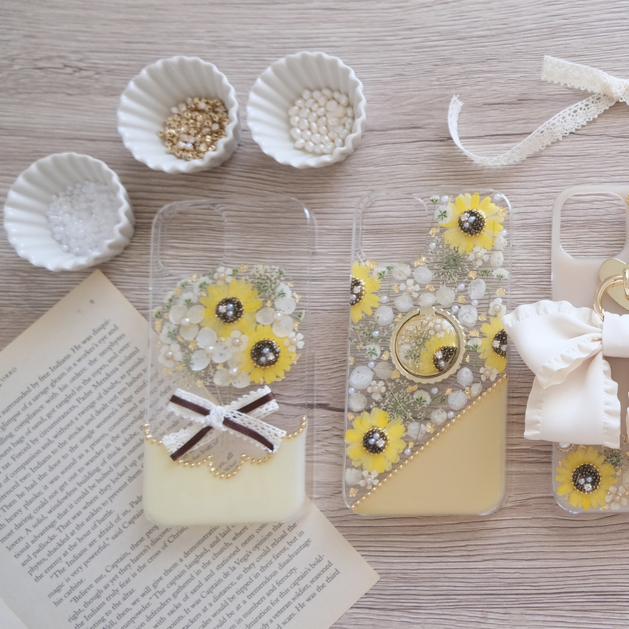 【全機種対応】❁スマホリング付き❁ 向日葵のボタニカルライン❁.*･ﾟ押し花スマホケース