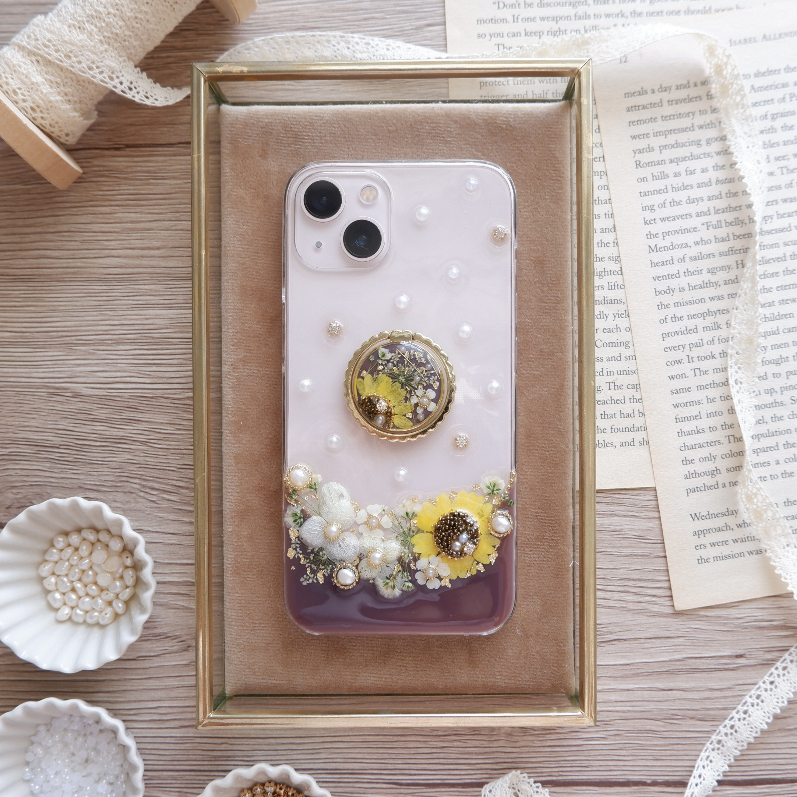 【全機種対応】❁スマホリング付き❁ 向日葵のボタニカルライン❁.*･ﾟ押し花スマホケース