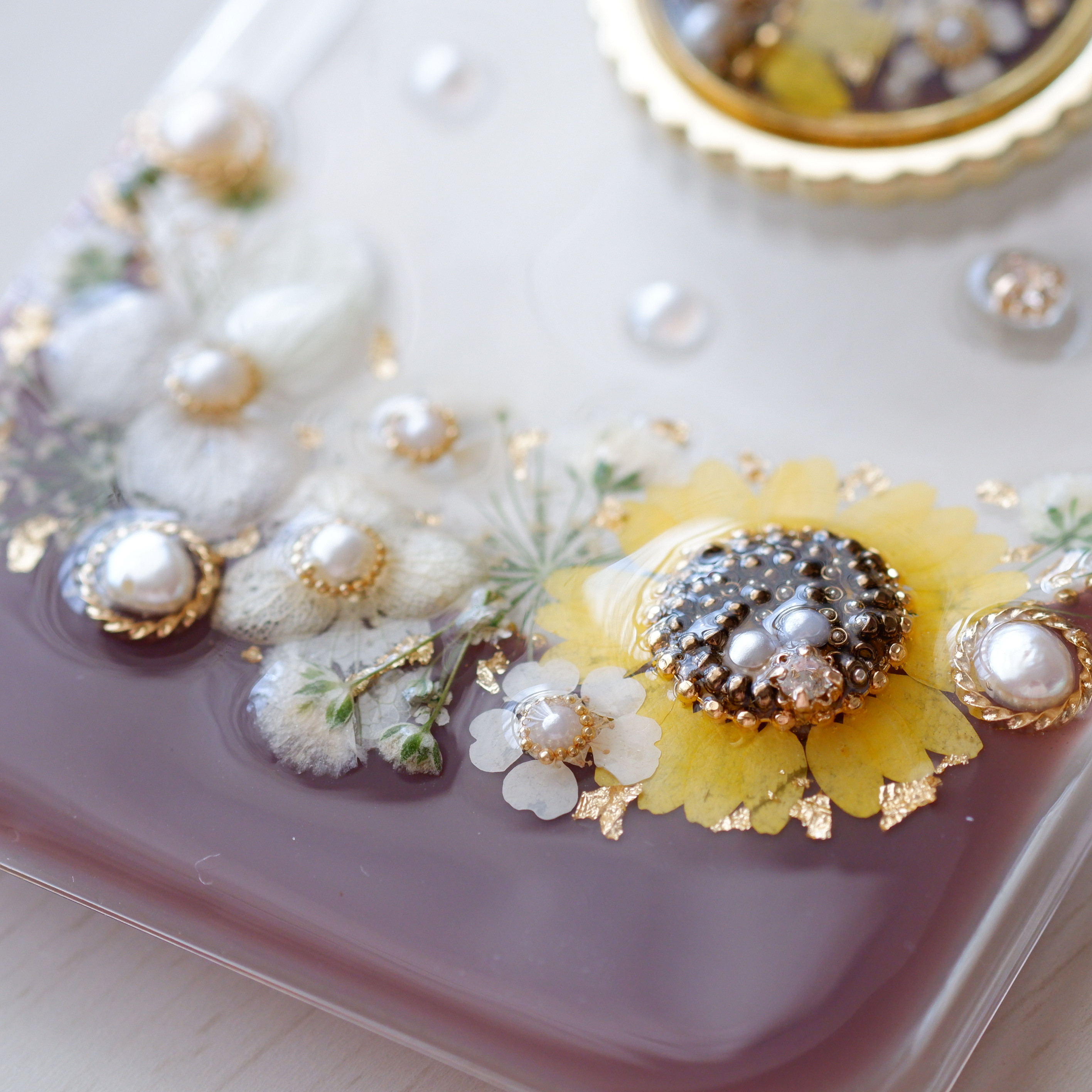 【全機種対応】❁スマホリング付き❁ 向日葵のボタニカルライン❁.*･ﾟ押し花スマホケース