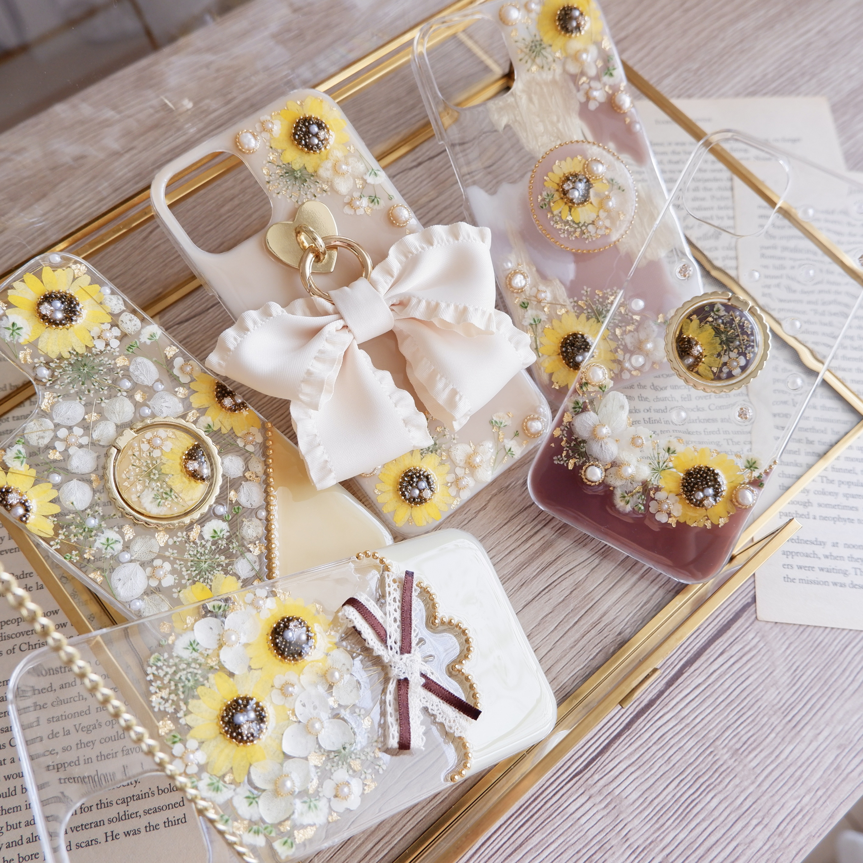 【全機種対応】❁スマホリング付き❁ 向日葵のボタニカルライン❁.*･ﾟ押し花スマホケース