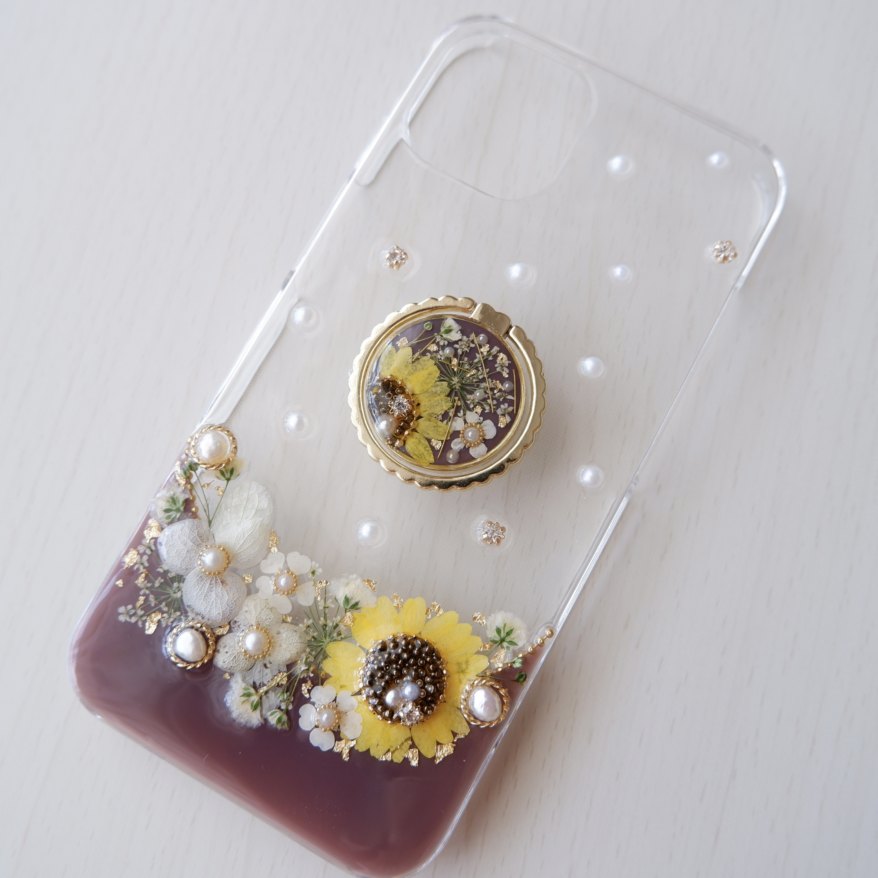 【全機種対応】❁スマホリング付き❁ 向日葵のボタニカルライン❁.*･ﾟ押し花スマホケース