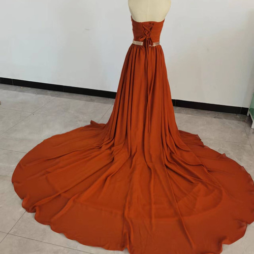 高品質！ カラードレス 茶色テラコッタ ベアトップ ロングトレーン  