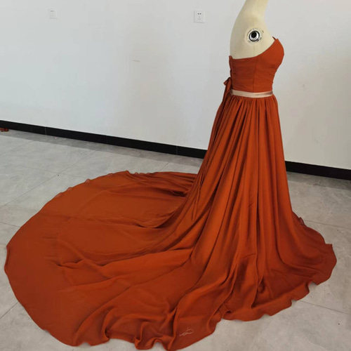 高品質！ カラードレス 茶色テラコッタ ベアトップ ロングトレーン  