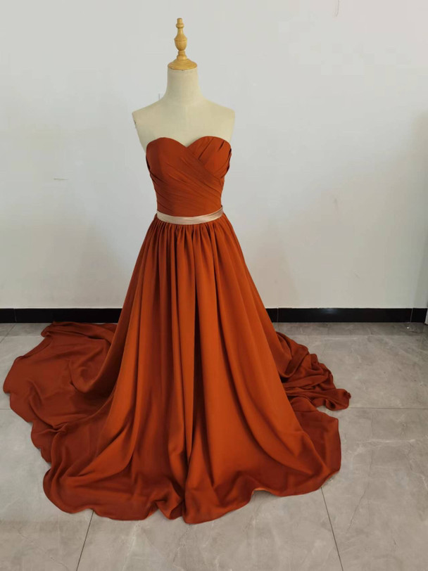 高品質！ カラードレス 茶色テラコッタ ベアトップ ロングトレーン　二次会 前撮り