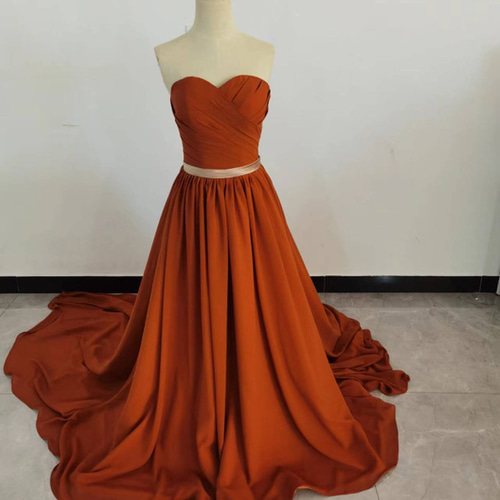 高品質！ カラードレス 茶色テラコッタ ベアトップ ロングトレーン  