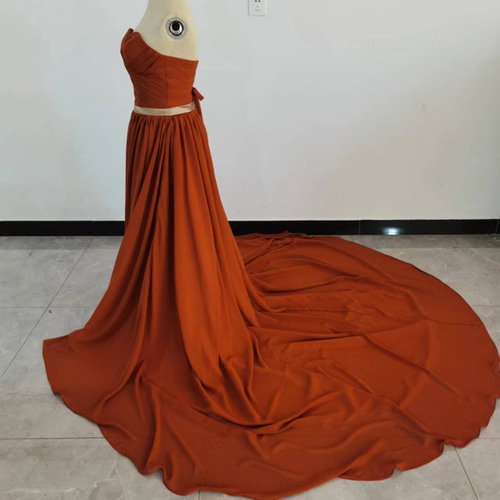 高品質！ カラードレス 茶色テラコッタ ベアトップ ロングトレーン  