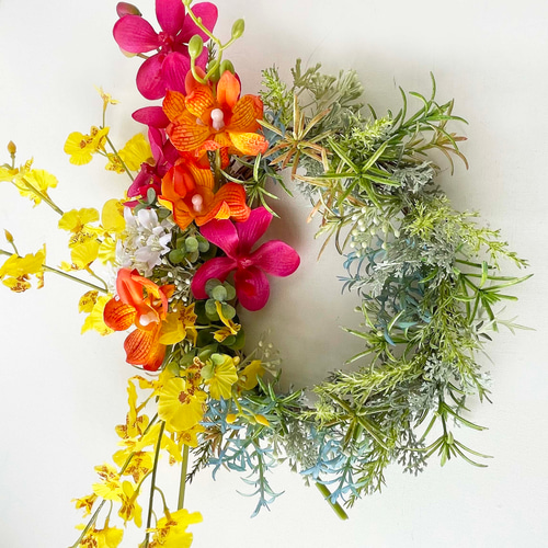 モカラとオンシジウムのモダンな夏色リース suwm-23 ドアリース リース  