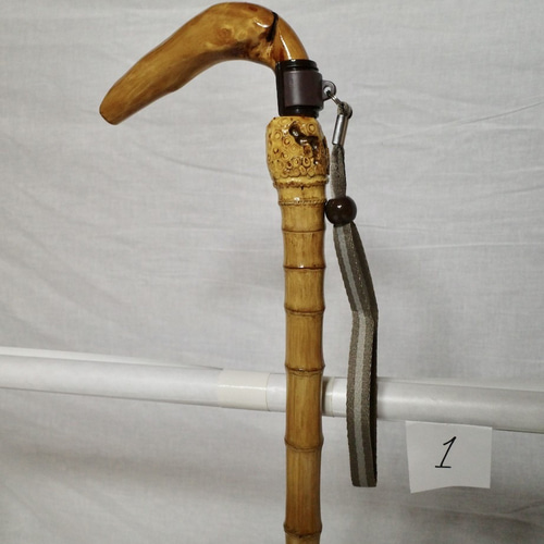 竹杖 ステッキ① 竹根鞭細工 漆塗り ねぶち 希少 国産 破竹根付 吉野杉