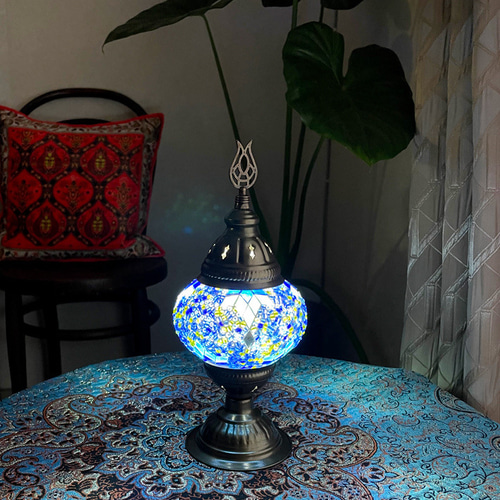 i☆【新品未開封】 ランプシェード テーブル 水色 青 ランプカバー 花柄 燭台 トルコモザイクランプ スタンドランプSショートタイプ 0005
