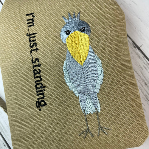 ハシビロコウ刺繍 がま口型 スマホポーチ ウォッシュ帆布11号