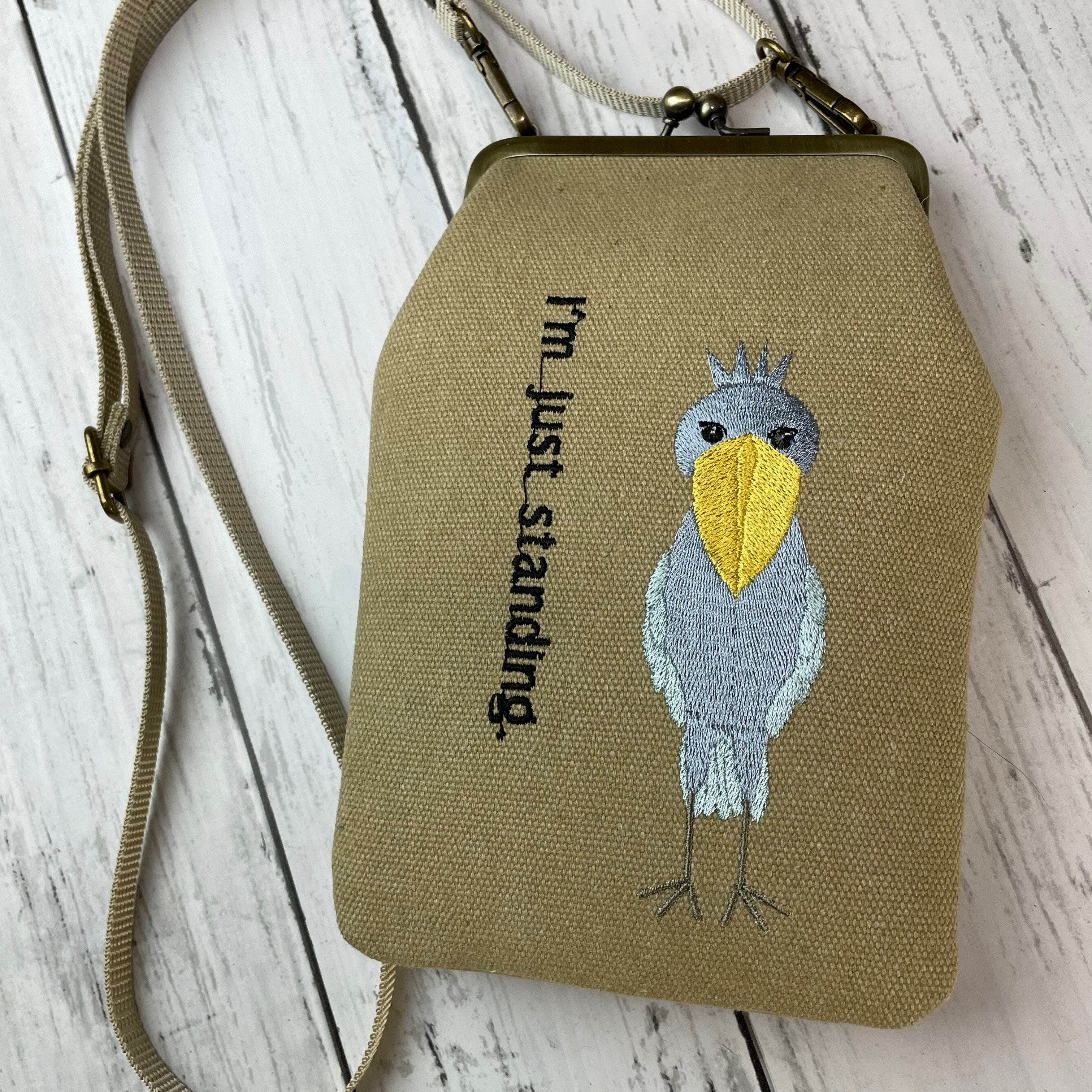 専用　ハシビロコウ　がま口　スマホポーチ ハシビロコウ刺繍 がま口型 スマホポーチ ウォッシュ帆布11号
