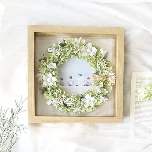 写真も飾れる＊全30種類 木製ガラスフレームリース 718ユーカリ
