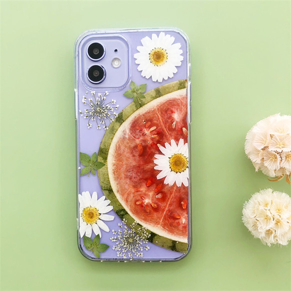 スイカと押し花 iPhone15Pro/SE/Xperia10IV/GALAXYS23 押し花ケース スマホケース 6枚目の画像