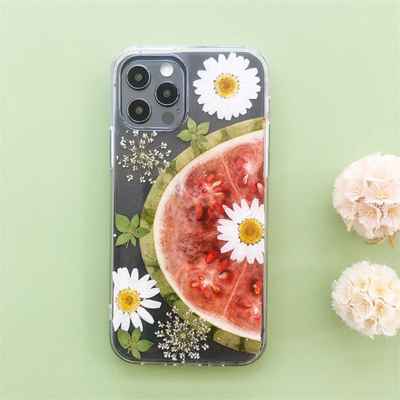 スイカと押し花 iPhone15Pro/SE/Xperia10IV/GALAXYS23 押し花ケース スマホケース 8枚目の画像