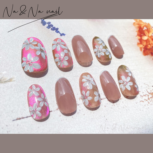 マグネットネイル 手描き フラワー ピンク 上品 オフィス 大人 可愛い  