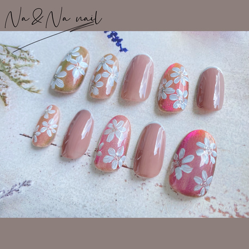 マグネットネイル 手描き フラワー ピンク 上品 オフィス 大人 可愛い