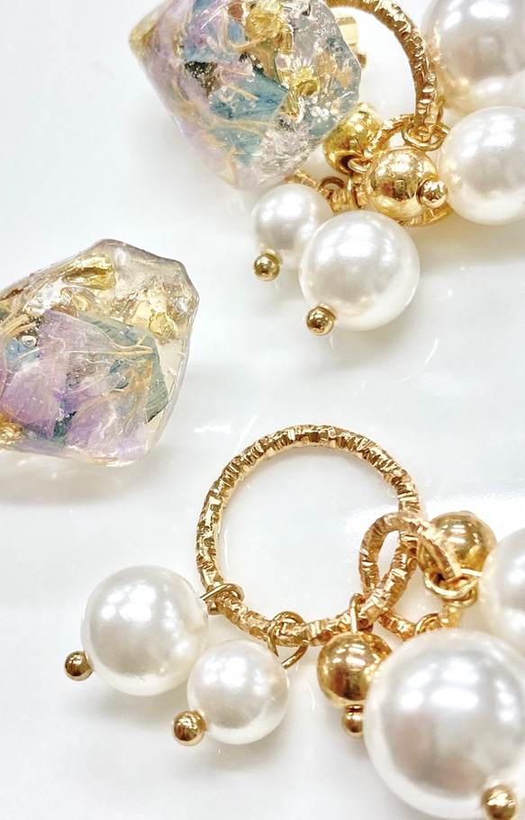 dry flower nuance stone×random pearl earring（clear-lavender） 7枚目の画像