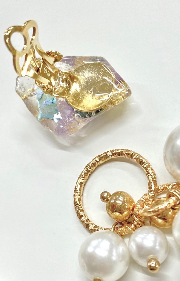 dry flower nuance stone×random pearl earring（clear-lavender） 6枚目の画像
