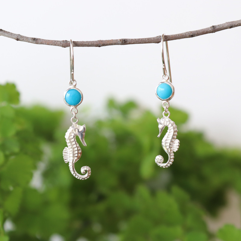 ターコイズ シルバー925 ピアス タツノオトシゴ 【イヤリング変更可能】