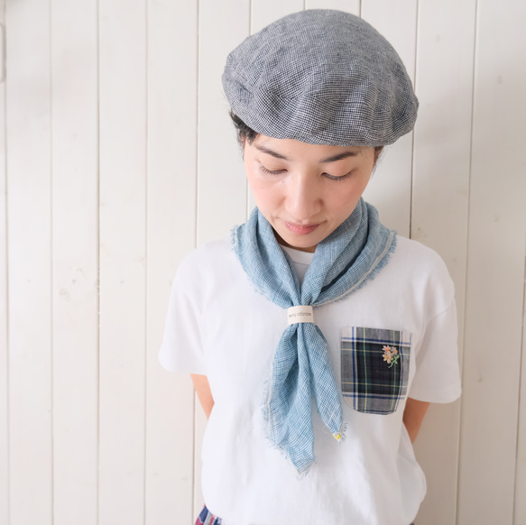 linen houndstooth check scarf blue or pink 第5張的照片