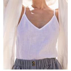 オプションのXLサイズ Vネック女性用リネンコットンキャミソール スリングの調節可能な長さ 3枚目の画像