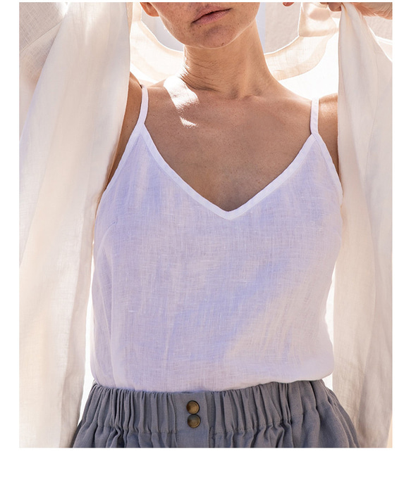 オプションのXLサイズ Vネック女性用リネンコットンキャミソール スリングの調節可能な長さ 3枚目の画像