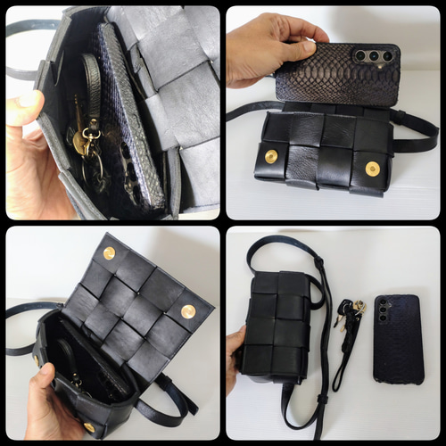 ◇本革レザー◇編み込み◇男女兼用◇新作◇ボディバッグ◇ブラック