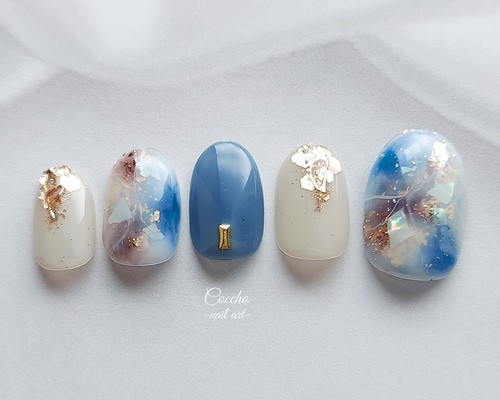 No.91 ジェルネイル ネイルチップ ニュアンスネイル 天然石 夏 青 白