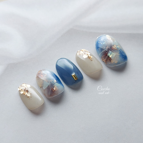 No.91 ジェルネイル ネイルチップ ニュアンスネイル 天然石 夏 青 白