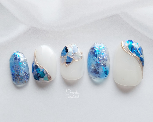 No.334 ネイルチップ　青　ニュアンス　キラキラ　うるうる　シェル　夏　海 mermaid nail✳︎夏ネイル/海ネイル/ニュアンスネイル ネイル