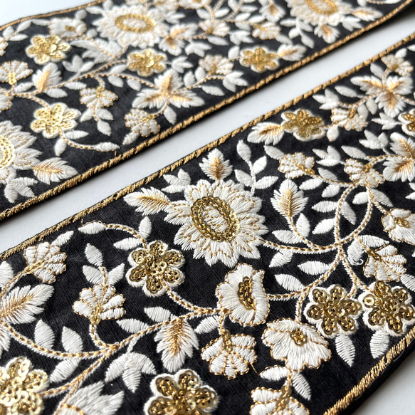 【50cm】インド刺繍リボン 　ブラック　シルク　フラワー　GS436 2枚目の画像