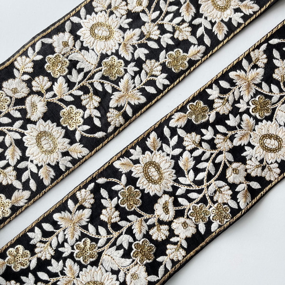 【50cm】インド刺繍リボン 　ブラック　シルク　フラワー　GS436 7枚目の画像