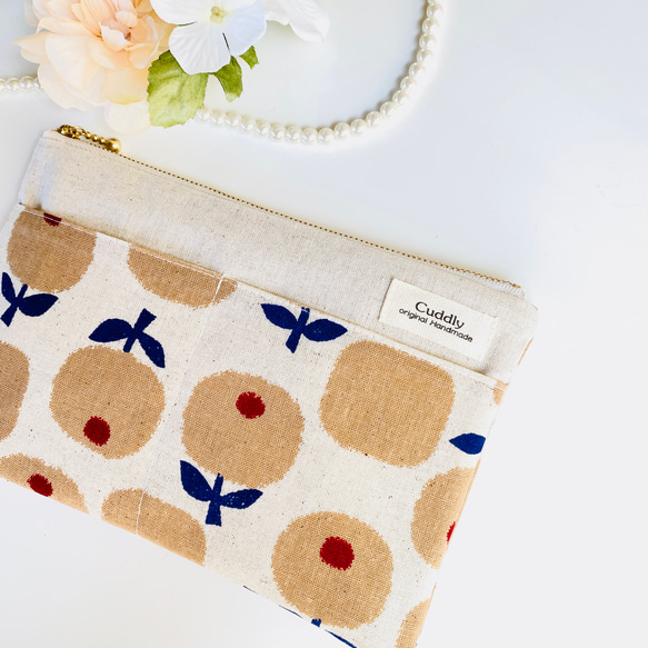 ＊北欧風＊綿麻＊フラットポーチ＊通帳入れ＊お薬手帳入れ＊20センチファスナー 4枚目の画像